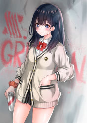 Rule 34 | 1girl, bad id, bad pixiv id, black hair, blush, bow, bowtie, cardigan, closed mouth, collared shirt, gridman universe, hand in pocket, highres, holding, long hair, looking at viewer, nakaji (user snap3353), purple eyes, red bow, red bowtie, school uniform, scrunchie, shirt, solo, spray can, spray paint, ssss.gridman, takarada rikka, very long hair, wing collar, wrist scrunchie