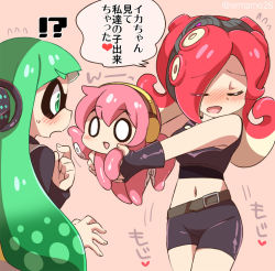 Rule 34 | !?, 3girls, agent 3 (splatoon), bike shorts, blush, closed eyes, crossover, ear protection, eromame, gloves, goggles, goggles on head, green hair, inkling, inkling girl, inkling player character, long hair, megurine luka, midriff, mother and daughter, multiple girls, navel, nintendo, o o, octopus, open mouth, red hair, sleeveless, splatoon (series), splatoon 1, squidbeak splatoon, takoluka, takozonesu, tentacle hair, translated, vocaloid, yuri