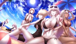 Rule 34 | 6+girls, ahoge, animal ears, artoria pendragon (all), artoria pendragon (alter swimsuit rider) (fate), artoria pendragon (alter swimsuit rider) (first ascension) (fate), artoria pendragon (fate), artoria pendragon (lancer alter) (fate), atalanta (fate), atalanta alter (fate), ball, bare shoulders, beach, beachball, between legs, bikini, black bikini, blush, breast hold, breasts, bridal garter, brown eyes, cat ears, center opening, check commentary, cleavage, cloud, cloudy sky, cocktail glass, commentary request, cup, dark-skinned female, dark skin, day, drinking glass, drinking straw, embarrassed, eyewear on head, fate/grand order, fate (series), female focus, front-tie bikini top, front-tie top, glasses, grey eyes, hand between legs, highres, holding, huge breasts, jeanne d&#039;arc (fate), jeanne d&#039;arc alter (avenger) (fate), jeanne d&#039;arc alter (fate), large breasts, leaning forward, long hair, looking at viewer, multiple girls, multiple persona, mysterious heroine x alter (fate), navel, ocean, okita souji (fate), okita souji alter (fate), one-piece swimsuit, pale skin, red bikini, revision, saber alter, sand, school swimsuit, shiroshisu, short hair, sitting, sky, slingshot swimsuit, smile, sun, sunglasses, swimsuit, tassel, trait connection, tree, very long hair, white hair