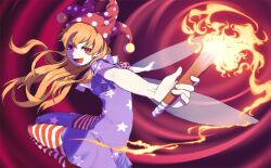 Rule 34 | 1girl, american flag dress, artist request, blonde hair, blue dress, blue pantyhose, clownpiece, collar, dress, fairy, fairy wings, fire, floating, from side, game cg, hair lift, half-closed eyes, hat, holding, holding torch, jester cap, long hair, looking at viewer, lower teeth only, multicolored clothes, multicolored dress, multicolored pantyhose, neck ruff, official art, open mouth, outstretched arms, pantyhose, polka dot headwear, pom pom (clothes), purple hat, red background, red dress, red eyes, red pantyhose, short dress, smile, star (symbol), star print, striped clothes, striped dress, striped pantyhose, teeth, third-party source, torch, touhou, touhou cannonball, v-shaped eyebrows, wavy hair, white collar, white dress, white pantyhose, wings