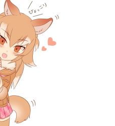 Rule 34 | 1girl, :d, ancolatte (onikuanco), animal ear fluff, animal ears, blush, commentary, empty eyes, fur collar, gradient hair, hair between eyes, hair flaps, heart, highres, japanese wolf (kemono friends), kemono friends, light brown hair, long hair, looking at viewer, motion lines, multicolored hair, open mouth, orange eyes, peeking out, plaid, plaid skirt, pleated skirt, simple background, skirt, smile, solo, tail, thighhighs, white background, white hair, wolf ears, wolf girl, wolf tail