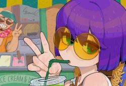 Rule 34 | 1boy, 1girl, :d, cup, disposable cup, drinking straw, fingernails, food, from side, green eyes, hat, hat on back, holding, holding drinking straw, ice cream, looking at viewer, looking to the side, open mouth, orange-tinted eyewear, original, parted lips, purple hair, signature, smile, solo focus, sparrowl, straw hat, sunglasses, tinted eyewear, v, virtual youtuber, visor cap