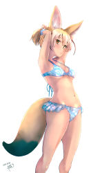 Rule 34 | 1girl, absurdres, alternate hairstyle, animal ears, arm behind head, artist name, bikini, blonde hair, dated, fennec (kemono friends), highres, kemono friends, multicolored hair, navel, ponytail, scrunchie, simple background, solo, swimsuit, tail, taracheesesan, tying hair, white background, yellow eyes