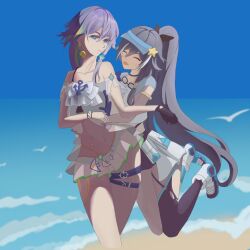 Rule 34 | 2girls, bare shoulders, beach, bikini, bird, black bow, black gloves, black shorts, black thighhighs, blonde hair, blue background, blue eyes, blue hair, blue headwear, blue sky, boots, bow, closed eyes, eyewear on head, fingerless gloves, fu hua, fu hua (herrscher of sentience), fu hua (ooh! summer!) (herrscher of sentience), fu hua (seagull&#039;s soar), fu hua (shadow knight), gloves, goggles, grey hair, hair between eyes, hair ornament, happy, high ponytail, honkai (series), honkai impact 3rd, hug, hug from behind, jewelry, jumping, lalala46802617, leg tattoo, long hair, looking at another, low-tied long hair, low ponytail, multicolored hair, multiple girls, navel, ocean, official alternate costume, on head, open mouth, parted lips, ponytail, short shorts, shorts, single glove, single thighhigh, sky, sleeveless, star (symbol), star hair ornament, stomach, streaked hair, sunglasses, swimsuit, tattoo, thighhighs, thighs, torn clothes, torn thighhighs, unworn eyewear, unworn goggles, visor cap, white bikini, white bird, white footwear, white hair, white swimsuit