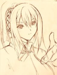 Rule 34 | 1girl, braid, breasts, closed mouth, crown braid, dress shirt, graphite (medium), large breasts, looking at viewer, looking to the side, monochrome, neck ribbon, nue no onmyouji, pointing, pointing at viewer, ponytail, ribbon, shirt, sidelocks, sketch, smile, solo, suo kazusa, suou kazusa, tagatamest, traditional media