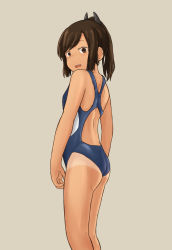 Rule 34 | 1girl, ass, blue one-piece swimsuit, brown eyes, brown hair, chagamaka, competition swimsuit, cowboy shot, from behind, grey background, hair ornament, hairclip, highres, i-401 (kancolle), kantai collection, looking at viewer, one-piece swimsuit, ponytail, simple background, solo, standing, swimsuit, tan, tanline