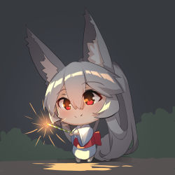 Rule 34 | 1girl, animal ears, bare shoulders, chibi, closed mouth, commentary request, fireworks, fox ears, fox girl, fox tail, grey hair, hair between eyes, highres, holding, holding fireworks, japanese clothes, kimono, long hair, long sleeves, night, night sky, obi, original, outdoors, ponytail, red eyes, sash, sky, smile, solo, tail, very long hair, white kimono, wide sleeves, yuuji (yukimimi)