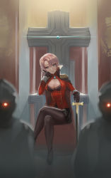 Rule 34 | :|, arm rest, azur lane, black bra, black cape, black footwear, black gloves, black skirt, blue eyes, blurry, blurry foreground, bra, breasts, buttons, cape, cleavage, cleavage cutout, closed mouth, clothing cutout, cross, crossed legs, dress shoes, duke of york (azur lane), elbow rest, epaulettes, gem, gloves, glowing, glowing eyes, guard, hand on own face, head tilt, highres, holding, holding sword, holding weapon, jacket, kyuuri no tsukemono, large breasts, looking at viewer, pantyhose, parted bangs, pink hair, pleated skirt, red jacket, sitting, skirt, sleeve cuffs, solo focus, strappy heels, sword, thighs, throne, throne room, underwear, weapon