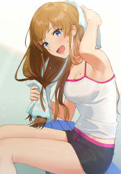 Rule 34 | 1girl, :d, arm up, armpits, bare arms, bench, black shorts, blue eyes, blush, breasts, cleavage, drying, drying hair, highres, idolmaster, idolmaster million live!, kousaka umi, light brown hair, long hair, looking at viewer, medium breasts, open mouth, shorts, sitting, sleeveless, smile, solo, sweat, sweatdrop, tank top, towel, towel on head, user xswt8747, | |