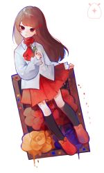 Rule 34 | 1girl, ascot, black socks, blue flower, brown hair, commentary, flower, full body, highres, holding, holding flower, ib (ib), ib (kouri), kneehighs, long hair, long sleeves, looking to the side, n (jyanmao), parted lips, picture frame, red ascot, red eyes, red flower, red footwear, red skirt, shirt, shoes, skirt, skirt hold, socks, solo, sparkle, white shirt, yellow flower