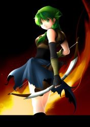 Rule 34 | 1girl, arrow (projectile), bandana, bow, bow (weapon), braid, elbow gloves, female focus, fingerless gloves, fire emblem, fire emblem: the blazing blade, gloves, gradient background, green eyes, green hair, looking back, matching hair/eyes, nintendo, quiver, rebecca (fire emblem), short hair, skirt, smile, solo, twin braids, vest, weapon