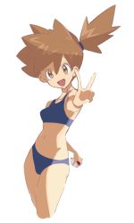 Rule 34 | 1girl, armpits, asymmetrical hair, bikini, blue bikini, brown eyes, creatures (company), curvy, game freak, highres, holding, holding poke ball, looking at viewer, misty (pokemon), navel, nintendo, open mouth, poke ball, pokemon, pokemon frlg, ponytail, sakuraidai, short ponytail, side ponytail, simple background, smile, solo, swimsuit, v, white background, wide hips