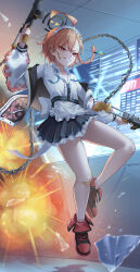 Rule 34 | 1girl, :d, absurdres, ahoge, apron, bandaid, bandaid on knee, bandaid on leg, blue archive, blurry, braid, chain, collarbone, commentary request, depth of field, dual wielding, earrings, explosion, flat chest, grin, gun, hair between eyes, halo, highres, holding, holding gun, holding weapon, indoors, jacket, jewelry, long sleeves, looking at viewer, maid, maid apron, maid headdress, medium hair, neru (blue archive), open clothes, open jacket, open mouth, parted bangs, pleated skirt, red eyes, red hair, shoes, sidelocks, sig mpx, single braid, skirt, smile, sneakers, solo, submachine gun, sukajan, weapon, window, yj (yojo san)