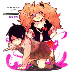 Rule 34 | 2girls, arms behind back, bear hair ornament, black footwear, black hair, black shirt, blonde hair, breasts, brown footwear, brown skirt, calf boots, calf socks, cleavage, collarbone, danganronpa: trigger happy havoc, danganronpa (series), english text, enoshima junko, female focus, freckles, full body, hair between eyes, hair ornament, health bar, holding, holding knife, holding weapon, ikusaba mukuro, japanese text, knife, long hair, long sleeves, looking at viewer, medium breasts, messy hair, multiple girls, open mouth, parted bangs, red skirt, shirt, short sleeves, siblings, simple background, sisters, skirt, squatting, standing, twins, twintails, weapon, white background, white shirt