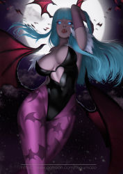 Rule 34 | 1girl, absurdres, animal print, aqua hair, bat print, clothing cutout, commentary, commission, demon girl, fangs, glowing, glowing eyes, head wings, heart cutout, highres, licking lips, looking at viewer, moon, morrigan aensland, night, night sky, pantyhose, print pantyhose, sky, solo, thaumazo, tongue, tongue out, vampire (game), wings