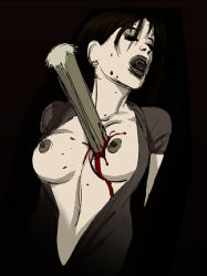 Rule 34 | 1girl, black hair, black lips, blood, breasts, closed eyes, death, ero guro, guro, lipstick, makeup, nipples, open clothes, open shirt, shirt, solo, stake, vampire