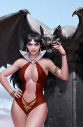 Rule 34 | 1girl, black hair, blue sky, breasts, cleavage, clothing cutout, collar, day, earrings, gargoyle, gold bracelet, grey eyes, highres, jewelry, large breasts, long hair, looking at viewer, navel, navel cutout, one-piece swimsuit, outdoors, red nails, red one-piece swimsuit, sky, solo, swimsuit, vampirella, vampirella (character), white collar, yoon junggeun