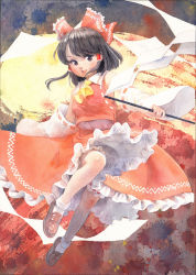 Rule 34 | 1girl, ascot, bare shoulders, black hair, bloomers, bow, brown eyes, brown footwear, collared shirt, commentary request, detached sleeves, frilled bow, frills, full body, gohei, hair bow, hair tubes, hakurei reimu, holding, leg up, loafers, looking at viewer, medium hair, misawa hiroshi, nontraditional miko, painting (medium), parted lips, petticoat, red bow, red lips, red shirt, ribbon-trimmed bloomers, ribbon-trimmed sleeves, ribbon trim, shirt, shoes, skirt, skirt set, sleeveless, sleeveless shirt, smile, socks, solo, splatter, touhou, traditional media, underwear, watercolor (medium), white bloomers, white socks, wide sleeves, yellow ascot