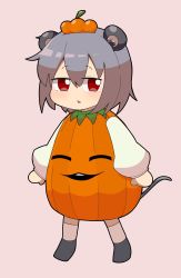 Rule 34 | 1girl, animal ears, blush, commentary request, cookie (touhou), expressionless, full body, grey hair, hair between eyes, highres, ichigo (cookie), looking at viewer, madore, mouse ears, mouse girl, mouse tail, nazrin, nyon (cookie), open mouth, pink background, pumpkin costume, red eyes, short hair, simple background, solo, standing, tail, touhou