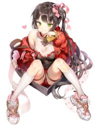 Rule 34 | 1girl, anmi, bare shoulders, black hair, blush, box, chocolate, closed mouth, collarbone, commentary request, food, food on face, gift, gift box, green eyes, hair ribbon, heart, heart-shaped box, highres, holding, holding food, jacket, kneehighs, long hair, long sleeves, looking at viewer, off shoulder, original, red jacket, ribbon, shoes, shorts, side ponytail, simple background, sitting, sleeveless, smile, sneakers, socks, solo, thigh strap, valentine, very long hair, white background, white socks
