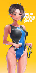 Rule 34 | 1girl, absurdres, ahoge, black hair, black one-piece swimsuit, breasts, brown eyes, clothes writing, competition swimsuit, cowboy shot, goggles, unworn goggles, groin, highleg, highleg swimsuit, highres, holding, holding goggles, kilesha, medium breasts, milestone celebration, one-piece swimsuit, original, short hair, simple background, solo, unworn swim cap, swimsuit, two-tone swimsuit, yellow background