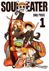Rule 34 | 1girl, 2boys, antlers, b kungya, black thighhighs, breasts, copyright name, cover, crossover, grin, hat, highres, holding, holding scythe, horns, long hair, looking at viewer, medium breasts, monkey d. luffy, multiple boys, nami (one piece), one eye closed, one piece, oversized object, parody, red eyes, red hair, reindeer antlers, roronoa zoro, scar, scar across eye, scar on face, school uniform, scythe, short hair, sideboob, smile, soul eater, straw hat, thighhighs, witch, witch hat