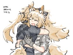 Rule 34 | :d, ^ ^, animal ear fluff, animal ears, arknights, black bow, black pants, black shirt, blemishine (arknights), bow, breast pocket, closed eyes, cropped shirt, dirty, dirty face, closed eyes, gloves, grey gloves, grey shirt, hair bow, horse ears, horse girl, horse tail, hug, long hair, nearl (arknights), open mouth, pants, pocket, ponytail, shirt, short sleeves, siblings, sidelocks, simple background, sisters, smile, tail, vento, white background