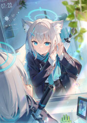 Rule 34 | 1girl, absurdres, animal ears, blue archive, buttons, cross hair ornament, earrings, ekita kuro, extra ears, gloves, green gloves, gun, hair ornament, halo, highres, jacket, jewelry, long sleeves, mirror, mismatched pupils, photo (object), picture frame, plant, reflection, scarf, shiroko (blue archive), shirt, solo, weapon, white shirt, wolf ears
