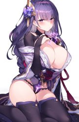 Rule 34 | 1girl, bare hips, black thighhighs, blush, bodystocking, breasts, bug, butterfly, cleavage, frilled panties, frills, genshin impact, hair ornament, halterneck, heart, highres, insect, japanese clothes, kimono, kneeling, large breasts, lightning, lingerie, looking at viewer, mole, mole under eye, panties, purple eyes, purple hair, raiden shogun, seiza, sitting, sora 72-iro, thick thighs, thighhighs, thighs, thong, underwear