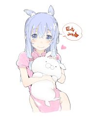 Rule 34 | 1girl, absurdres, animal ears, blue eyes, blue hair, china dress, chinese clothes, closed mouth, contrapposto, copyright request, cowboy shot, dress, hair bobbles, hair ornament, heart, highres, holding, holding stuffed toy, long hair, looking at viewer, mochi (circle rin), pink dress, puffy short sleeves, puffy sleeves, short sleeves, sidelocks, simple background, smile, solo, stuffed animal, stuffed toy, white background