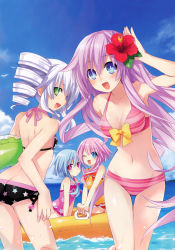 Rule 34 | 10s, 4girls, :/, :d, ;d, absurdres, ass, back, bare shoulders, bikini, black sister, blue eyes, blue hair, blue sky, blue theme, blush, bow, breasts, butt crack, casual one-piece swimsuit, choujigen game neptune mk2, cleavage, cloud, collarbone, day, drill hair, female focus, flat chest, floral print, flower, green eyes, halterneck, hibiscus, highres, image sample, long hair, medium breasts, multiple girls, navel, nepgear, neptune (series), official art, one-piece swimsuit, one eye closed, open mouth, outdoors, pink hair, power symbol, power symbol-shaped pupils, profile, purple hair, purple sister, ram (neptunia), red eyes, rom (neptunia), short hair, siblings, side-tie bikini bottom, sisters, sky, small breasts, smile, star (symbol), star print, striped bikini, striped clothes, striped one-piece swimsuit, swimsuit, symbol-shaped pupils, thigh gap, thighs, tsunako, twin drills, twins, uni (neptunia), water, waving, white hair, white sister ram, white sister rom, wink