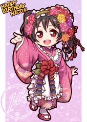 Rule 34 | 1girl, artist name, artist request, black hair, blush, bow, chibi, female focus, floral print, flower, flower print, flower wreath, full body, hair bow, hair flower, hair ornament, hairband, japanese clothes, kimono, long sleeves, looking at viewer, love live!, love live! school idol festival, love live! school idol project, miloku, orange flower, parted lips, pink kimono, purple flower, red eyes, red flower, short hair, smile, solo, twintails, yazawa nico, yellow flower