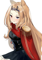 Rule 34 | 1girl, absurdres, animal ears, archetto (arknights), arknights, black dress, blonde hair, blue eyes, circlet, cloak, commentary, dress, english commentary, epaulettes, heterochromia, highres, long hair, parted lips, red cloak, red eyes, simple background, sitting, smile, solo, ukei, upper body, white background