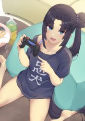 Rule 34 | 1girl, black hair, blue eyes, blue shirt, blush, breasts, collarbone, controller, dualshock, fate/grand order, fate (series), game controller, gamepad, long hair, looking at viewer, medium breasts, open mouth, parted bangs, pinta (ayashii bochi), playstation controller, shirt, side ponytail, smile, solo, thick eyebrows, ushiwakamaru (fate)