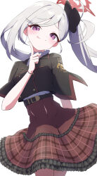 Rule 34 | 1girl, :q, absurdres, belt, black belt, black flower, blue archive, blush, commentary request, flower, grey hair, hair flower, hair ornament, halo, highres, looking at viewer, mutsuki (blue archive), plaid, plaid skirt, purple eyes, red halo, red skirt, shigeru the pasta, side ponytail, simple background, skirt, solo, standing, tongue, tongue out, white background