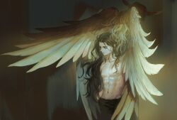 Rule 34 | 2boys, aleph (megami tensei), angel, angel wings, black hair, blonde hair, closed mouth, commentary request, demon horns, feathered wings, helel (megami tensei), horns, long hair, lucifer (megami tensei), multiple boys, multiple wings, muscular, muscular male, nipples, o c x, parted bangs, shin megami tensei, shin megami tensei ii, toned, toned male, topless male, wings