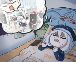 Rule 34 | 1boy, 2girls, ahoge, artist name, bed, blanket, cellphone, chibi, commentary, contemporary, dreaming, freminet (genshin impact), furina (genshin impact), genshin impact, hair between eyes, halo, hat, highres, multiple girls, nightcap, nightmare, oneplus, paimon (genshin impact), phone, pillow, shop, sleeping, sleepwear, symbol-only commentary, white hair, xinzoruo