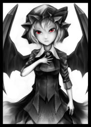 Rule 34 | 1girl, alternate costume, bad id, bad pixiv id, bat wings, expressionless, female focus, framed, grey theme, greyscale, hand on own chest, hat, highres, hihi (kakukaku9646), monochrome, pale skin, red eyes, remilia scarlet, short hair, solo, spot color, touhou, white hair, wings