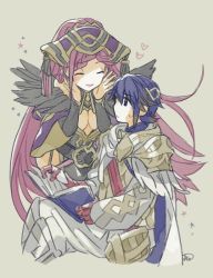 Rule 34 | 1boy, 1girl, alfonse (fire emblem), armor, bad id, bad twitter id, blue hair, book, breasts, cape, cleavage, closed mouth, closed eyes, feather trim, fire emblem, fire emblem heroes, grey background, hat, holding, holding book, loki (fire emblem), long hair, murabito ba, nintendo, open book, purple hair, scale armor, short hair, simple background, sitting