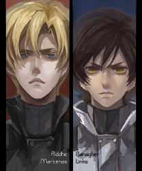 Rule 34 | 2boys, banagher links, blonde hair, blue eyes, brown eyes, brown hair, character name, gundam, gundam unicorn, hui ming, multiple boys, pilot suit, riddhe marcenas, short hair, side-by-side