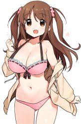 Rule 34 | 1girl, :d, bare shoulders, bikini, blush, bow, bow bikini, breasts, brown eyes, brown hair, brown jacket, character request, cleavage, collarbone, cowboy shot, drawstring, gluteal fold, hair between eyes, hair ornament, hair scrunchie, halterneck, hand up, hood, hood down, hooded jacket, jacket, large breasts, long hair, long sleeves, navel, off shoulder, open mouth, pink bikini, pink scrunchie, ribbon-trimmed bikini, ribbon trim, saki (manga), scrunchie, shisoneri, simple background, sleeves past wrists, smile, solo, standing, swimsuit, two side up, very long hair, white background
