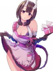 Rule 34 | + +, 1girl, apron, bare shoulders, bikini, bikini top only, blush, box, breasts, broken horn, brown hair, cleavage, eriko (princess connect!), eriko (valentine) (princess connect!), flask, fur collar, gift, gift box, heart, highres, hitotu no naka, holding, holding gift, horns, large breasts, looking at viewer, open mouth, pink apron, princess connect!, purple bikini, purple eyes, short hair, simple background, solo, spiked tail, strap slip, swimsuit, tail, thighs, white background