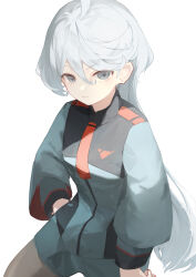 Rule 34 | 1girl, absurdres, ahoge, asticassia school uniform, black jacket, black pantyhose, closed mouth, collared jacket, commentary request, green jacket, green shorts, grey eyes, grey hair, gundam, gundam suisei no majo, hair between eyes, hand in pocket, highres, jacket, kettle (4693-42), long hair, long sleeves, looking at viewer, miorine rembran, multicolored clothes, multicolored jacket, necktie, pantyhose, school uniform, shorts, solo, swept bangs, two-tone jacket, white background