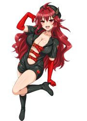 Rule 34 | 1girl, black footwear, boots, breasts, cle masahiro, cleavage, elbow gloves, full body, gloves, hair ornament, hairclip, hat, high heels, highres, kisaragi setsuna, knee boots, large breasts, long hair, looking at viewer, official art, open mouth, red eyes, red gloves, red hair, simple background, solo, valkyrie drive, valkyrie drive -siren-, white background