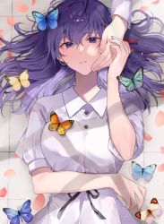 Rule 34 | 1girl, bug, butterfly, collared dress, crying, crying with eyes open, dress, fate/stay night, fate (series), hand on another&#039;s face, hand on another&#039;s hand, highres, insect, long hair, looking at viewer, lying, matou sakura, official alternate costume, on back, out of frame, parted lips, petals, puffy short sleeves, puffy sleeves, purple eyes, purple hair, shimatori (sanyyyy), shoes, short sleeves, tears, tile floor, tiles, white dress