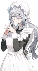 Rule 34 | 1girl, alternate costume, apron, black dress, dress, enmaided, glasses, gradient hair, grey eyes, grey hair, hat, highres, interlocked fingers, long sleeves, looking at viewer, maid, maid apron, mob cap, mole, mole under mouth, multicolored hair, nijisanji, ponytail, puffy long sleeves, puffy sleeves, round eyewear, shinsekki, simple background, solo, sophia valentine, virtual youtuber, white apron, white background
