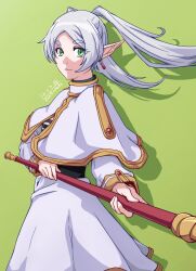 Rule 34 | 1girl, artist name, capelet, closed mouth, cowboy shot, dress, elf, eyelashes, forehead, frieren, gold trim, green background, green eyes, grey hair, highres, holding, holding staff, long hair, long sleeves, looking at viewer, nightstark, parted bangs, pointy ears, shadow, solo, sousou no frieren, staff, thick eyebrows, twintails, twitter username, white dress