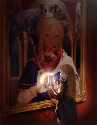 Rule 34 | 2girls, aged down, ahoge, artoria pendragon (all), artoria pendragon (fate), blonde hair, candle, crown, fate/stay night, fate (series), faux traditional media, fine art, fine art parody, fire, green eyes, hair bun, highres, holding, holding candle, king arthur (mythology), long hair, looking at viewer, mordred (fate), mother and daughter, multiple girls, nigiri, painterly, painting (object), parody, picture frame, saber (fate), single hair bun