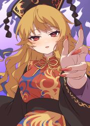 Rule 34 | 1girl, absurdres, black dress, black headwear, blonde hair, blush, chinese clothes, dress, e sdss, fingernails, highres, junko (touhou), long fingernails, long hair, long sleeves, looking at viewer, nail polish, open mouth, phoenix crown, red eyes, red nails, sharp fingernails, smile, solo, tabard, touhou, upper body, wide sleeves