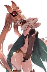 Rule 34 | 10s, 1girl, animal ears, backless outfit, blonde hair, breasts, cape, covered navel, erune, granblue fantasy, long hair, metera (granblue fantasy), natsuhiko, profile, simple background, solo, thighhighs, twintails, white background
